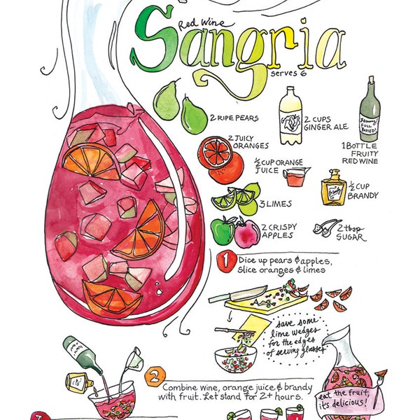 Classic Sangria Cocktail Illustrated Recipe Watercolor Art Print