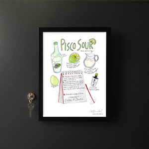 Pisco Sour Illustrated Classic Chile & Peru Cocktail Recipe Watercolor Art Print image 1