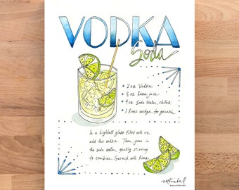 May include: A watercolor illustration of a vodka soda cocktail recipe. The illustration shows a glass filled with ice, vodka, lime juice, and soda water. The recipe includes the ingredients and instructions for making the drink. The text reads: "VODKA Soda • 2oz Vodka • ½ oz lime juice • 4oz Soda Water, chilled • 1 lime wedge, for garnish In a highball glass filled with ice, add the vodka. Then, pour in the soda water, gently stirring to combine. Garnish with lime. mknebel @marcieknebel"