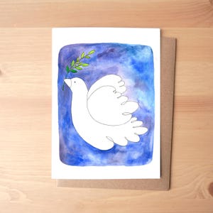 Carte de voeux/papeterie vierge illustrée de Noël à l'aquarelle Colombe de la paix + enveloppe