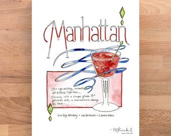 Manhattan Cocktail Illustrated Recipe Art Print / Watercolor Mixed Drink Illustration