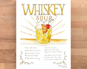 May include: Watercolor illustration of a Whiskey Sour cocktail recipe. The image features a glass filled with a yellow drink, an orange wedge, and a cherry. The title "Whiskey Sour" is written in gold lettering.