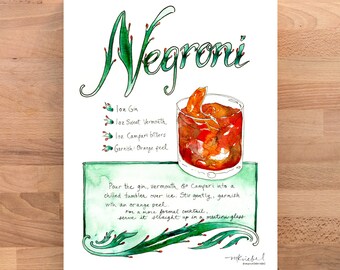 May include: Watercolor illustration of a Negroni cocktail recipe. The illustration features a glass of Negroni with an orange peel garnish. The recipe includes 1 ounce of gin, 1 ounce of sweet vermouth, and 1 ounce of Campari bitters.