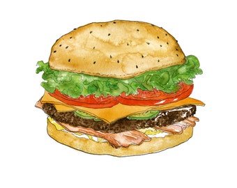 Juicy Bacon Cheese Burger with Lettuce, Tomato & Pickles Illustrated Watercolor Art Print