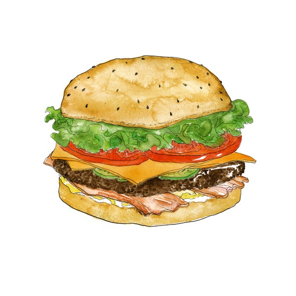Juicy Bacon Cheese Burger with Lettuce, Tomato & Pickles Illustrated Watercolor Art Print
