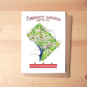 Mapa ilustrado dos jardins comunitários de Washington DC, cartão comemorativo/papelaria + envelope em aquarela