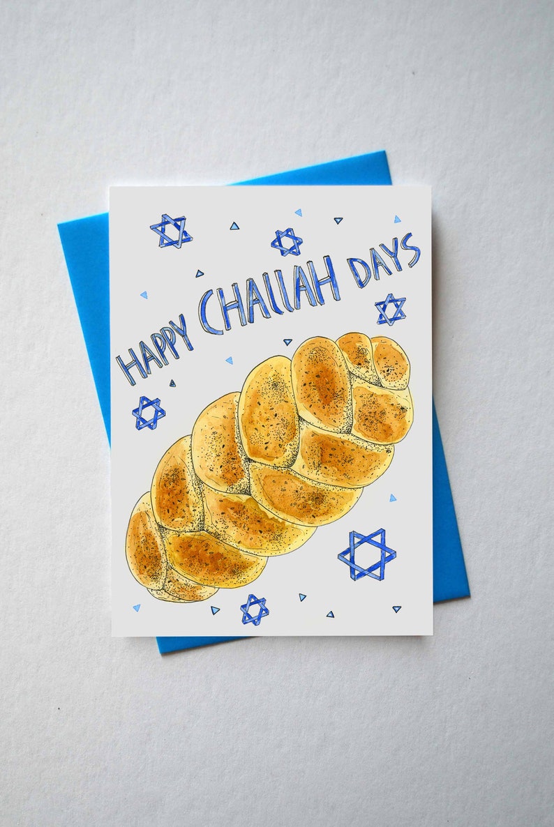 Happy Challah Days/ Hanukkah Watercolor Illustrated Blank Greeting Card/Stationery Envelope image 2