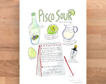 Pisco Sour Illustrated Classic Chile & Peru Cocktail Recipe Watercolor Art Print