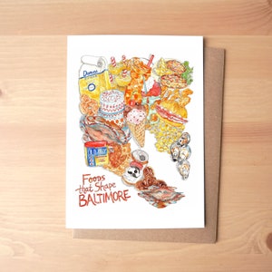 Alimentos que moldam Baltimore, Maryland Cartão de felicitações ilustrado em aquarela / Papelaria + Envelope