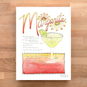 Margarita Illustrated Cocktail Recipe Art Print / Watercolor Illustration