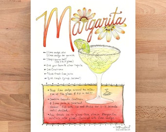 May include: A watercolor illustration of a margarita cocktail recipe. The image features a glass of margarita with a lime wedge garnish, along with a list of ingredients and instructions for making the drink. The text reads: "Margarita - 1 lime wedge, plus 1 lime wedge for garnish, 1 tbsp coarse salt (for rim of glass), 2 oz your favorite silver tequila, 1 oz Cointreau, 3/4 oz fresh lime juice, 1/2 oz simple syrup (optional). Pass lime wedge around the outer rim of the glass & dip in salt. Combine tequila, Cointreau & lime juice in cocktail shaker. Fill with ice and shake for 10-15 seconds until chilled. Add fresh ice to glass then strain Margarita mixture into glass. Garnish with lime wedge."
