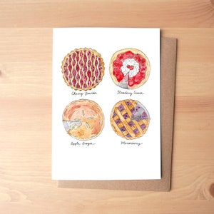 Coleção de Tortas/Bourbon de Cereja, Creme de Morango, Gengibre de Maçã e Marionberry Papelaria Ilustrada em Aquarela/Cartão de felicitações + Envelope