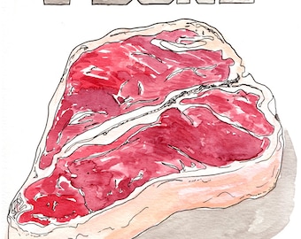 T-Bone Steak Illustration Watercolor / Meat Art Print for Kitchen / Guy Gift