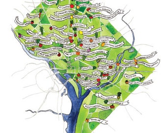 Washington, DC Community Gardens Map / Watercolor Print 9"x12" of the District of Columbia Urban Gardens