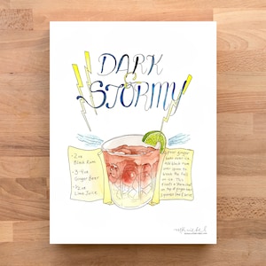Sombre et orageux / Recette de cocktail rhum classique + bière au gingembre, impression d'art aquarelle illustrée / Art du bar