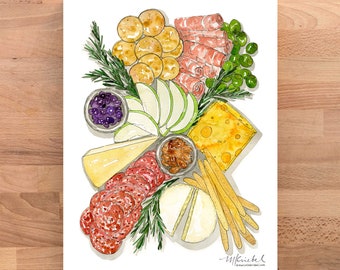 Stampa artistica del tagliere di salumi: illustrazione ad acquerello di carne e formaggio
