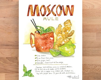 May include: A watercolor illustration of a Moscow Mule cocktail recipe. The illustration shows a copper mug filled with a red drink, garnished with a lime wedge and mint. The recipe includes 2 oz vodka, 2 oz fresh lime juice, 3 oz ginger beer, and a garnish of fresh mint and a lime wedge. The text "MOSCOW MULE" is written in large, stylized letters at the top of the illustration.