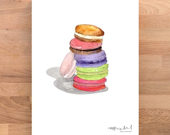Pila de macarrones franceses coloridos / Impresión artística de postre ilustrado con acuarela