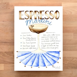 Espresso Martini Cocktail Illustrated Recipe Art Print / Watercolor Illustration