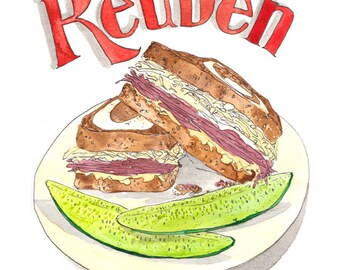 Classic Reuben Sandwich on Rye w/ Pickle Watercolor Illustration Art Print / Kitchen Art