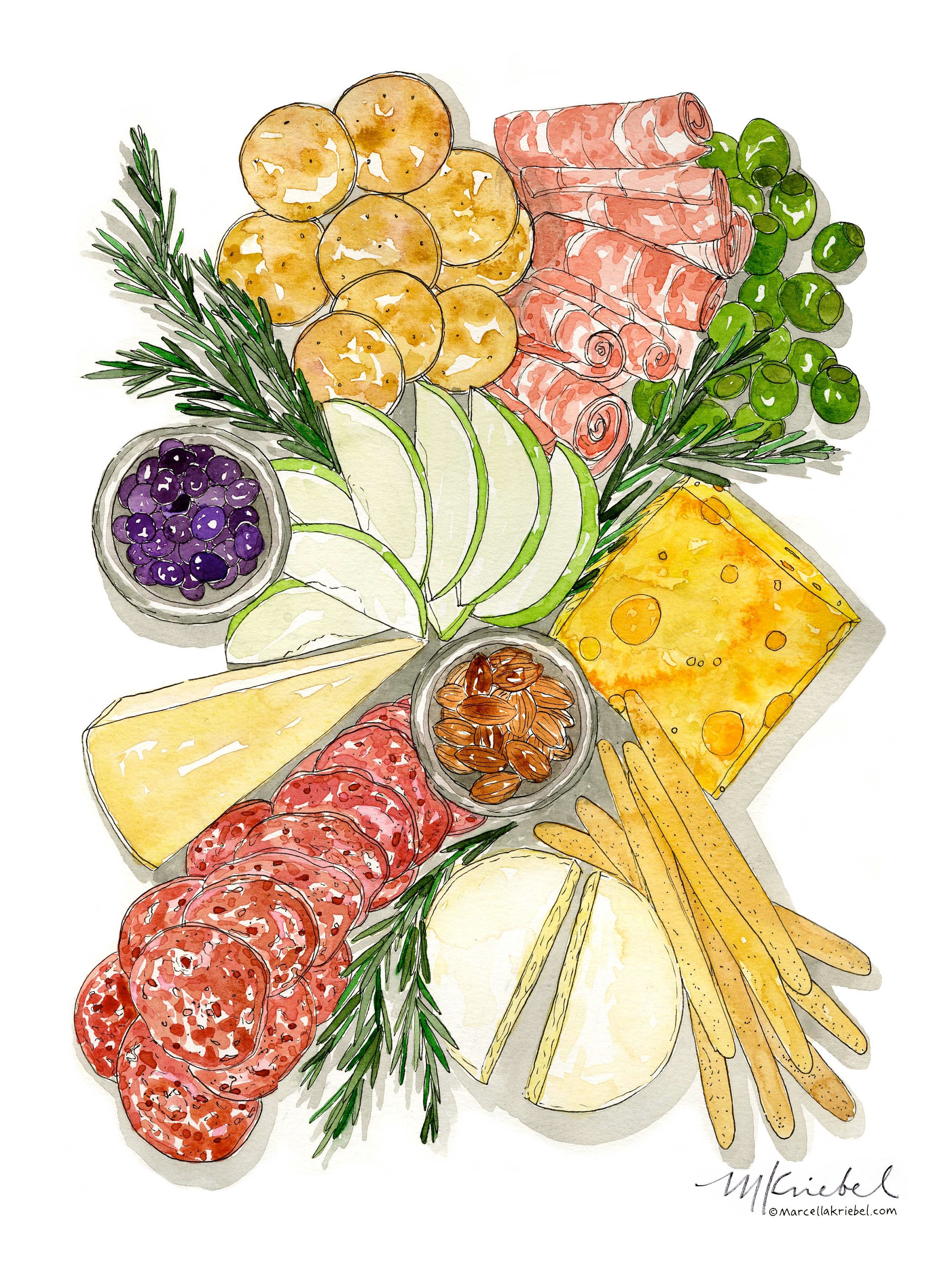 Charcuterie Board Watercolor Art Print Meat & Cheese Platter Etsy UK