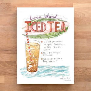 Long Island Iced Tea Cocktail Illustrated Recipe Art Print / Watercolor Illustration