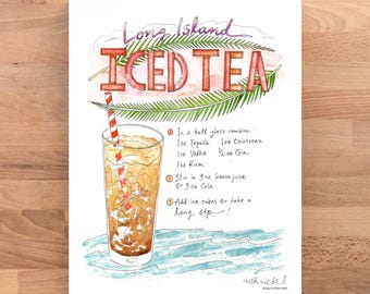 May include: A watercolor illustration of a tall glass filled with iced tea, with a red and white striped straw. The text "Long Island Iced Tea" is written in a stylized font with a palm leaf behind it. The recipe is written in a handwritten font, with instructions to combine 1 oz tequila, 1 oz Cointreau, 1 oz vodka, 2 oz gin, 1 oz rum, 3 oz lemon juice, and 3 oz cola. The illustration is set against a blue and white watercolor background.