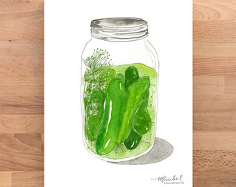 Pickles in a Mason Jar / Home Pantry Preserves Illustrated Watercolor Art Print for the Kitchen