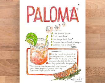 Cocktail di tequila e pompelmo Paloma, ricetta illustrata, stampa artistica ad acquerello / Bar Art