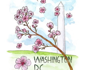 Washington, DC Cherry Blossoms Illustrated Art Print