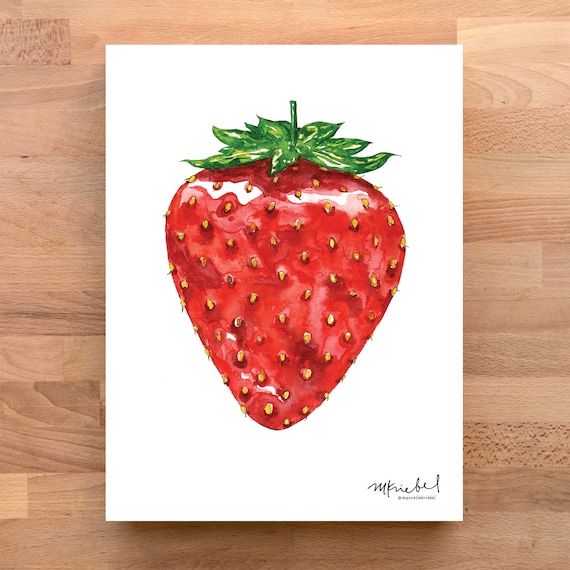 イチゴの水彩画アートプリント：キッチンフルーツイラスト - Etsy 日本