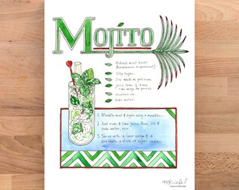 May include: A watercolor illustration of a Mojito cocktail recipe. The illustration shows a glass of mojito with mint leaves, lime, and ice. The recipe includes ingredients like fresh mint leaves, sugar, white rum, lime juice, crushed ice, and soda water. The instructions are to muddle the mint and sugar, add rum and lime juice, then ice and soda water, and stir. Serve with a lime wedge and a stick of sugar cane.