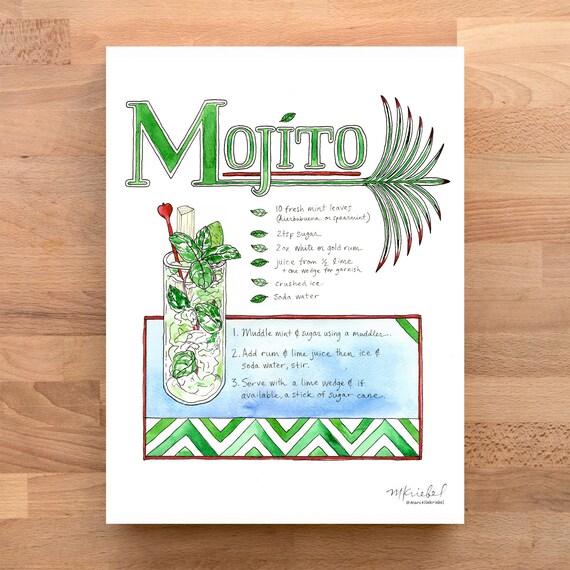 Classic Mojito Cocktail Illustrated Recipe Watercolor Art Print