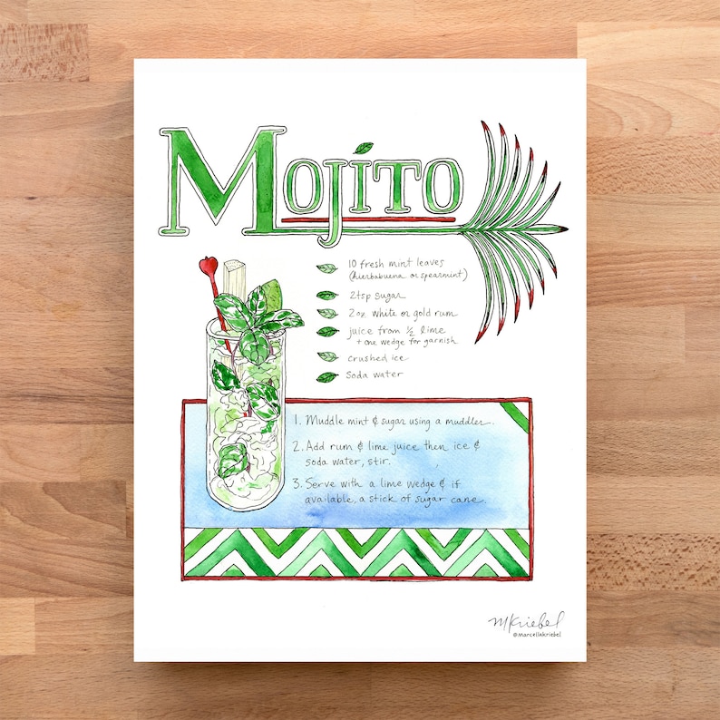 May include: A watercolor illustration of a Mojito cocktail recipe. The illustration shows a glass of mojito with mint leaves, lime, and ice. The recipe includes ingredients like fresh mint leaves, sugar, white rum, lime juice, crushed ice, and soda water. The instructions are to muddle the mint and sugar, add rum and lime juice, then ice and soda water, and stir. Serve with a lime wedge and a stick of sugar cane.