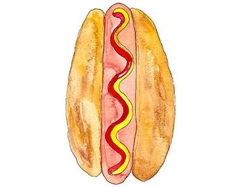 Classic Summer Cookout Hot Dog with Ketchup and Mustard Illustrated Watercolor Art Print