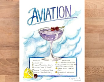 Ricetta illustrata del cocktail Aviation, stampa artistica ad acquerello / arte da bar