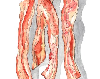 Crispy Bacon Slices Illustrated Watercolor Print / Fried Food Kitchen Art / Breakfast Art