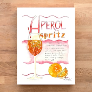 Stampa artistica della ricetta illustrata del cocktail Aperol Spritz / Illustrazione ad acquerello