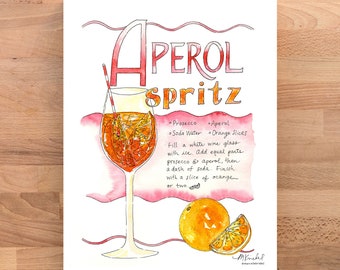 May include: A watercolor illustration of an Aperol Spritz cocktail recipe. The illustration features a glass of Aperol Spritz, a slice of orange, and the ingredients and instructions for making the cocktail. The text reads: "Aperol Spritz, Prosecco, Aperol, Soda Water, Orange Slices, Fill a white wine glass with ice. Add equal parts prosecco & aperol, then a dash of soda. Finish with a slice of orange or two."