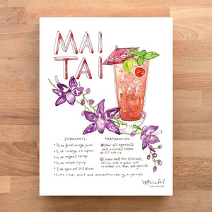 Mai Tai Ilustrowany przepis Sztuka wydruku / Ilustracja akwarelowa