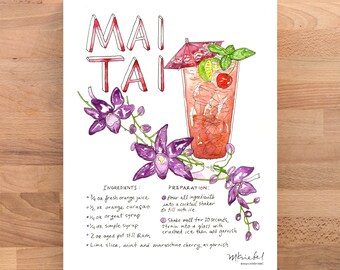 May include: A watercolor illustration of a Mai Tai cocktail recipe. The illustration features a glass of Mai Tai with a cherry, lime wedge, and mint sprig. The ingredients and preparation instructions are listed below the image. The text reads "MAI TAI" in large red letters at the top of the image.