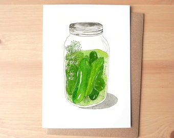 Pickles Greeting Card + Envelope / 5x7 Watercolor Stationery Cucumber Pickles in Mason Jar