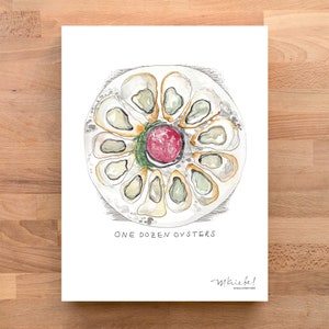One Dozen Oyster with cocktail sauce and garnish/Illustrated Watercolor Art Print