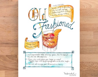 May include: A watercolor illustration of an Old Fashioned cocktail recipe. The drink is illustrated in a glass with an orange peel and maraschino cherry garnish. The recipe includes the ingredients and instructions for making the cocktail.