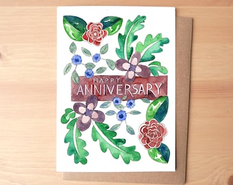 Happy Anniversary Flowers Watercolor Illustrated Greeting Card/Stationery + Envelope