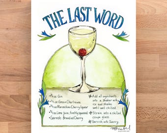 Stampa artistica con ricetta illustrata del cocktail Last Word / Illustrazione ad acquerello