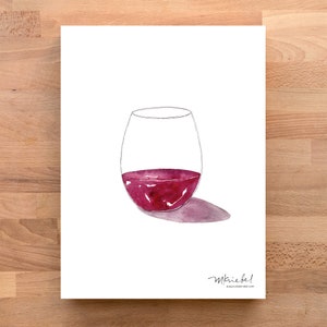 May include: A watercolour painting of a glass of red wine. The glass is clear and the wine is a deep red colour. The glass is casting a shadow on the white background.