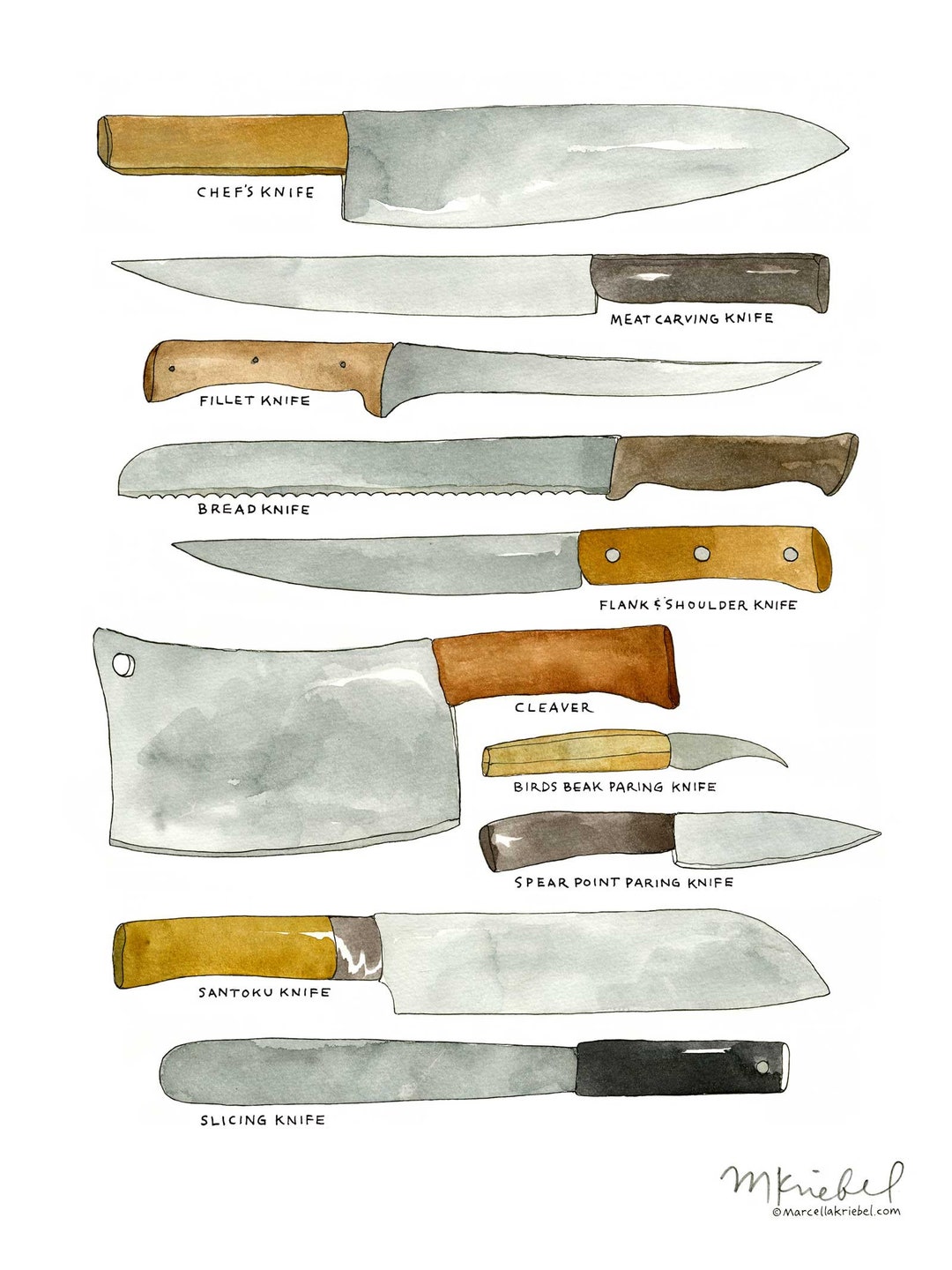 Kitchen Knives / Various Types of Chef's Blades Diagram 9x12 Watercolor Illustration Art Print