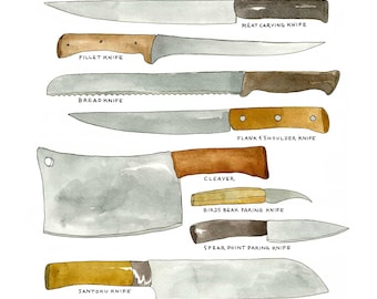 Kitchen Knives / Various Types of Chef's Blades Diagram 9x12 Watercolor  Illustration Art Print / Kitchen Tools Art 