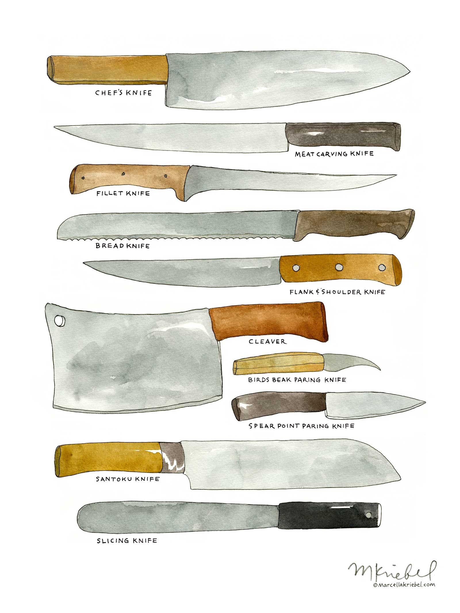 Kitchen Knives / Various Types of Chef's Blades Diagram 9x12 Watercolor  Illustration Art Print / Kitchen Tools Art 